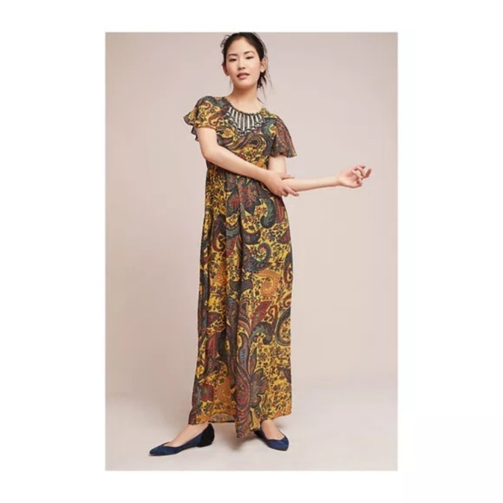 Anthropologie Ranna Gill Yellow Georgie Embroidered Paisley Jumpsuit NWT size 6‎